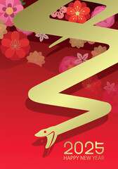 Chinese zodiac snake silhouette on flowers pattern. Dynamic snake pose for chinese new year 2025 card.