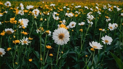Fototapeta premium A field of white and yellow flowers with green stems and leaves.