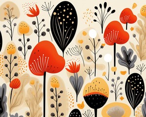 Abstract garden seamless illustration, flat design, on eggshell ,  simple line drawing