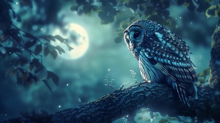 A serene image of a wise-looking owl perched on a gnarled branch in a moonlit forest clearing.