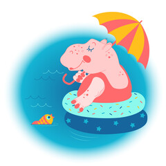 A summer postcard of a cute hippo floating on inflatable balloons in a flat style.
