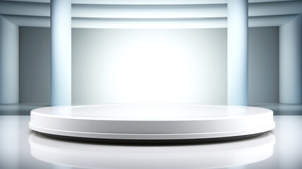 White circular stage podium for stand sample products or objects, platform surrounded by tall, blue columns in background, versatile space for creative purposes, product presentations, exhibitions