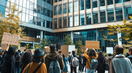 Protesters with Signs Outside Modern Office Building Demanding Justice for Corrupt Practices - Transparent and Ethical Governance Concept