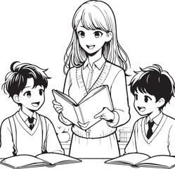 Hand-draw young girl teacher teaching his students a line art vector coloring page illustration - Generative AI