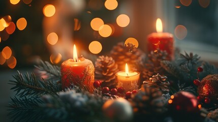 Candles illuminate Christmas wreath with pine cones and baubles