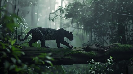 A sleek panther stealthily traversing a fallen log in a dense, misty jungle setting.