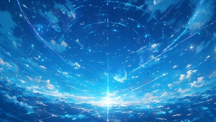 Anime illustration of an open space with stars and planets in the sky, with glowing light emanating from it. The background is a dark blue with white clouds. 