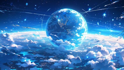 Anime style illustration of an earthlike planet with clouds and space, the sky is blue with stars