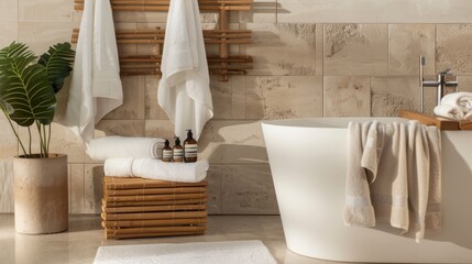 Modern bathroom design with white freestanding tub, soft stone tiles, and natural decor elements