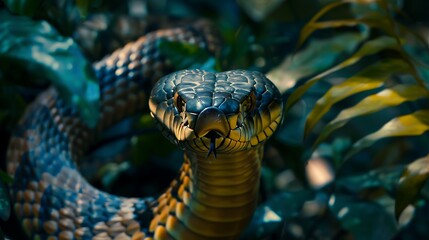 A striking close-up of a regal king cobra, its hood expanded in a defensive display in the heart of a dense jungle. - obrazy, fototapety, plakaty