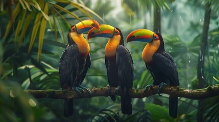 A trio of vibrant toucans perched on a branch, their colorful beaks contrasting with the deep green foliage. - Powered by Adobe