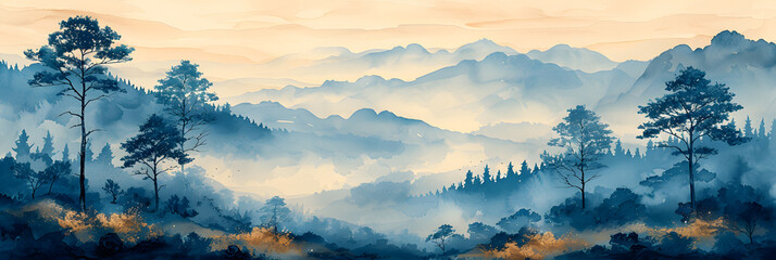 Majestic Forest Landscape with Serene Atmosphere and Subtle Blue Hues