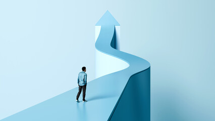 Onwards and Upwards, Path to Success, Man Walking on Arrow, Career Growth and Success, 3D render