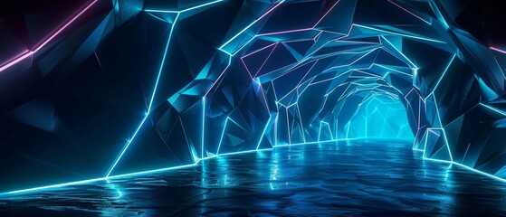 The image is a dark tunnel with blue and purple glowing lines. The tunnel is made of geometric shapes and has a futuristic look.