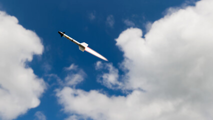 Unleashing Destruction, Missile Flying in Cloudy Skies with Fiery Thrust Burning Bright, 3D render