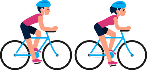 Man and woman riding racing bicycles illustration. Male and female sports cyclists, simple cartoon style.