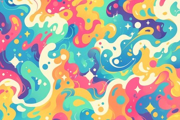 Colorful psychedelic background with swirling waves and stars vector illustration. Colorfull cartoon pattern for wallpaper, cover design or packaging paper background.
