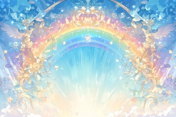 Colorful rainbow sky with sun rays and stars, in the style of rainbow background, colorful sky banner