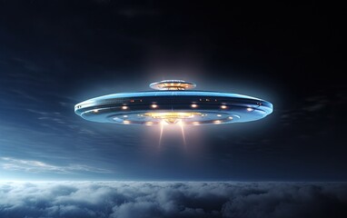 Obraz premium UFO flying above the clouds in the night. 3D rendering