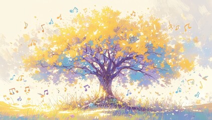 Colorful tree with musical notes against a white background, in the watercolor style with colorful and detailed illustration