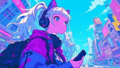 Cute anime girl with headphones and pastel outfit in the city, vibrant colors