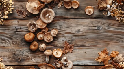 Autumn Harvest of Mushrooms with Fall Leaves on Rustic Wooden Backdrop, Copy Space