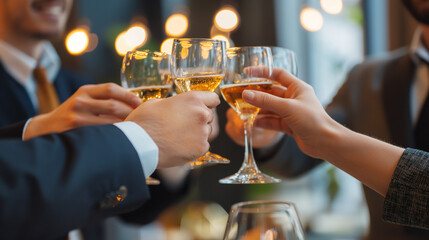 Office mates clinking glasses in celebration of a colleague's promotion. Happiness, love, trust, relaxation