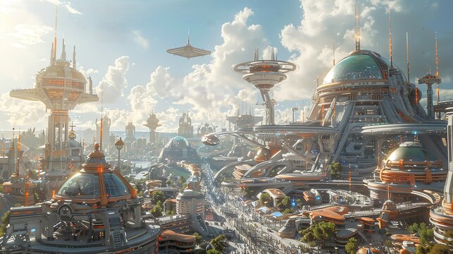 A breathtaking cityscape featuring futuristic skyscrapers and advanced modes of transportation like flying cars and high-speed trains