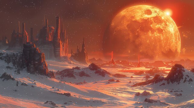 Alien civilizations, portraying diverse extraterrestrial cultures, societies, and architectural wonders on distant worlds