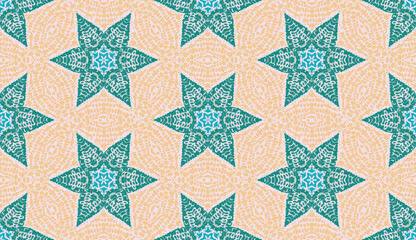 Seamless texture pattern beaded star mosaic in orange yellow and teal