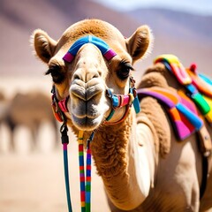 A close-up of a camel with a colorful saddle and harness. The camel has a tan coat, large eyes