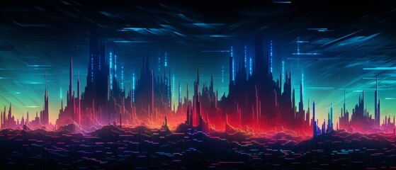 Abstract digital shockwave with pixelated edges in cyberpunk colors, designed for video game backgrounds or futuristic promos,