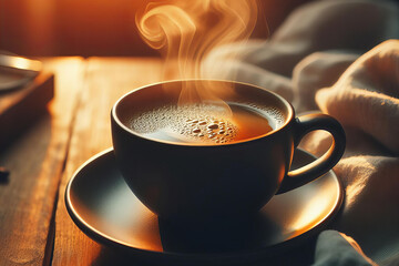 black coffee cup with steam rising from it sits on a saucer