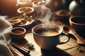white coffee cup with steam rising from it sits on a wooden table