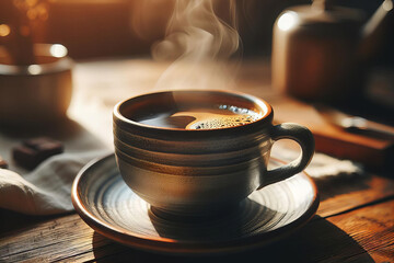 mug of coffee sits on a saucer on a wooden table