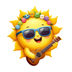 cartoon sun with sunglasses and flowers on its head is playing a guitar