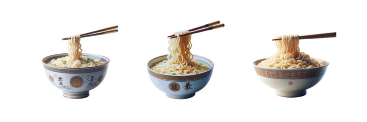 Set of a bowl of noodle with some of the noodle suspended by a pair of chopstick, illustration, isolated over on transparent white background