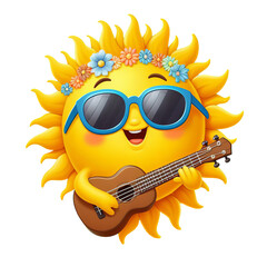 cartoon sun with sunglasses and a flower headband is holding a guitar