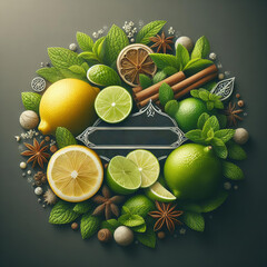 round design of fruits and spices with a black label in the center