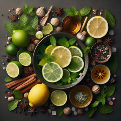 bowl of lemons and limes with a variety of spices and herbs