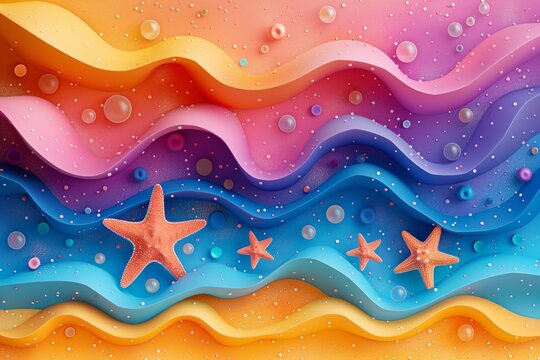 Summer banner: July or august abstract bech banner with star fish in orange, pink, purple and blue tones