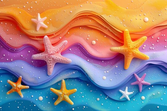 Summer banner: July or august abstract bech banner with star fish in orange, pink, purple and blue tones