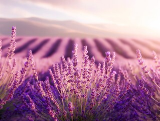 A field of lavender flowers with a mountain in the background. The flowers are purple and the sky is pink