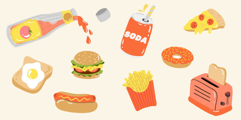 Collection of various fast food. Junk Meals Collection. Pizza, burger, soda, hot dog, french fries, toast with egg, tomato paste, donut. Perfect for menu or food package design. Cartoon cute hand draw