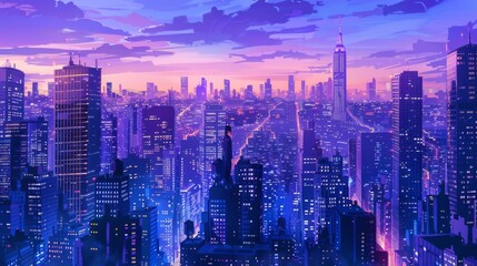 Futuristic Cityscape Illustration with Vibrant Twilight Hues

