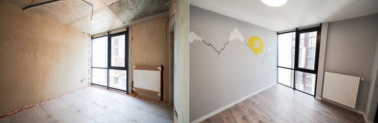 Old apartment room with brick wall and new renovated flat with parquet floor. Comparison of...