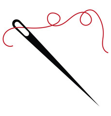 Sewing needle with a long red thread. Vector needle and red thread icon on a white background. Vector illustration.