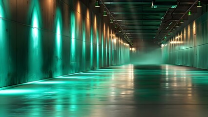 Modern concrete hallway with industrial green LED lights. Concept Architecture, Modern Design, Industrial Lighting, Concrete Hallway, Interior Design