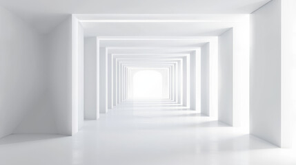 Minimalist white corridor with a perspective of repeating rectangular frames
