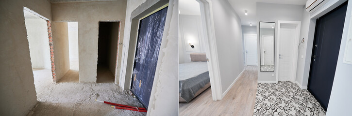 Modern apartment with doorways before and after refurbishment. Comparison of old flat and new place...